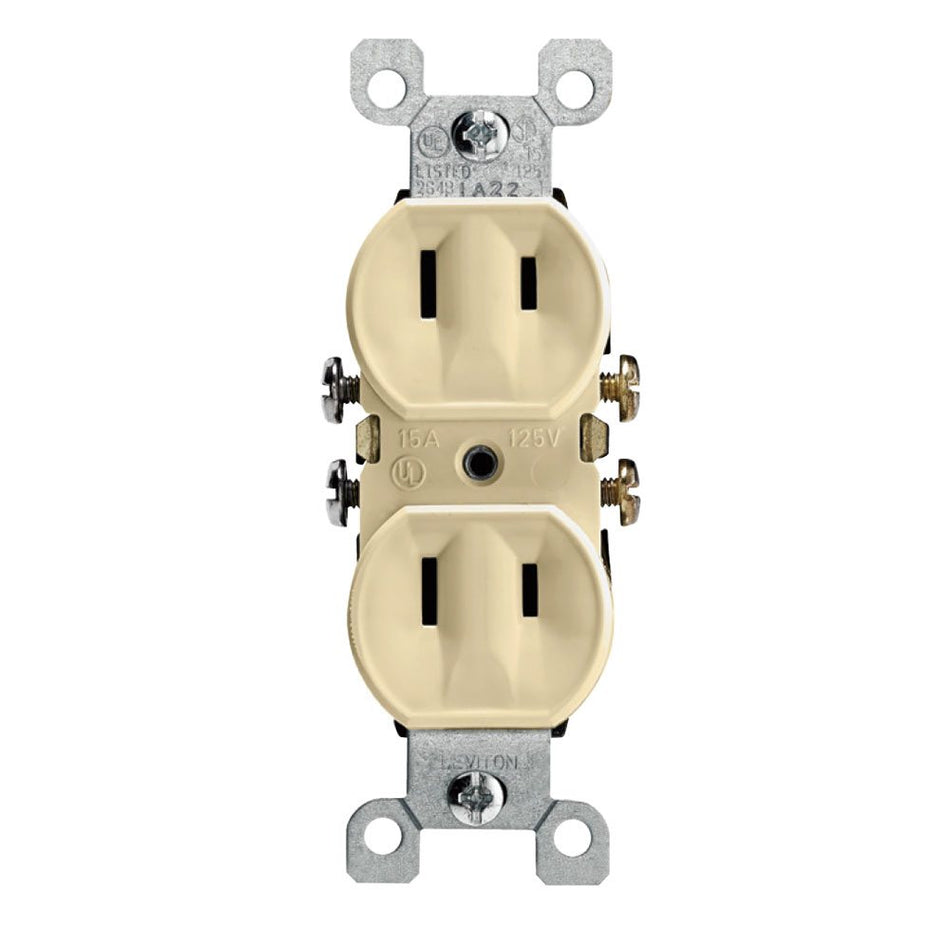 Leviton® 223-I Straight Blade Duplex Receptacle With Ears, 125 VAC, 15 A, 2 -Pole, 2 -Wire, Ivory