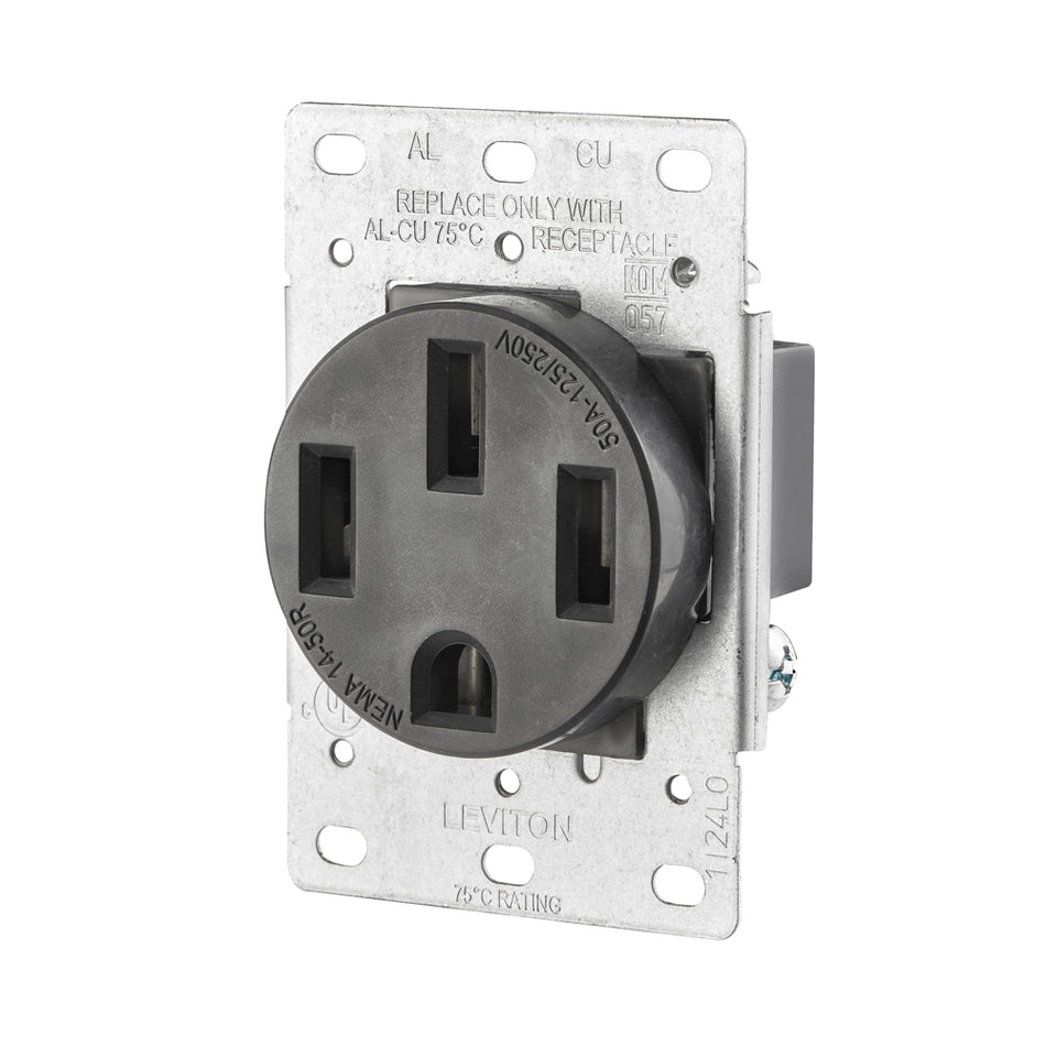 Leviton® 279-S00 Straight Blade Receptacle, 125/250 VAC, 50 A, 3 -Pole, 4 -Wire, Black