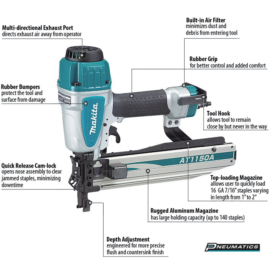 Makita® AT1150A Stapler, Tool/Kit: Kit, 140 Staple, 1 to 2 in L Stable Leg, Medium Crown Staple, 3.7 scfm Air Flow