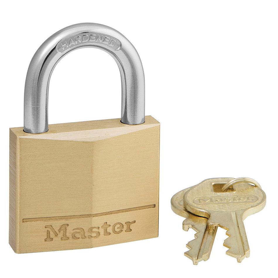 Master Lock® 140D Keyed Different Padlock, 1/4 in Dia Shackle, 4-Pin Tumbler Locking Mechanism, Brass