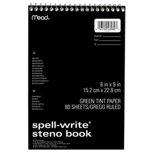 Mead® Spell-Write® 43080 Steno Book, 6 x 9 in Sheet, Ruled, Green Sheet, Black/Blue/Green/Red Cover, 60-Sheet