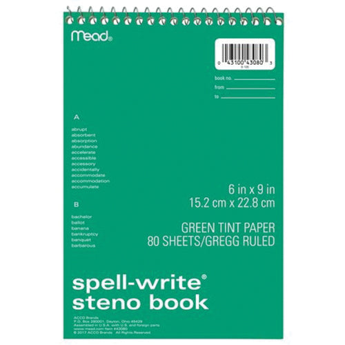 Mead® Spell-Write® 43080 Steno Book, 6 x 9 in Sheet, Ruled, Green Sheet, Black/Blue/Green/Red Cover, 60-Sheet