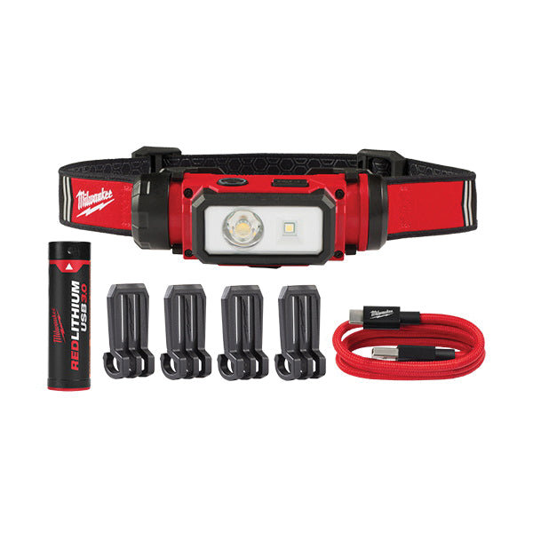 Milwaukee® 2163-21 USB Hard Hat Head Lamp, REDLITHIUM™ Battery, 3 Ah, 600 Lumens, Clip Attachment