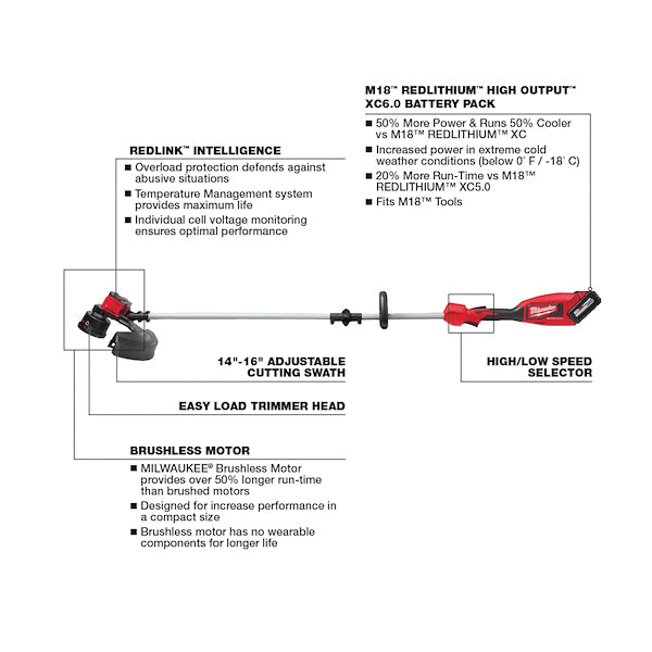 Milwaukee® M18™ 2828-21 Brushless String Trimmer Kit, 14 in W Cutting, 0.095 in Dia Line, 18 V, 73.6 in OAL