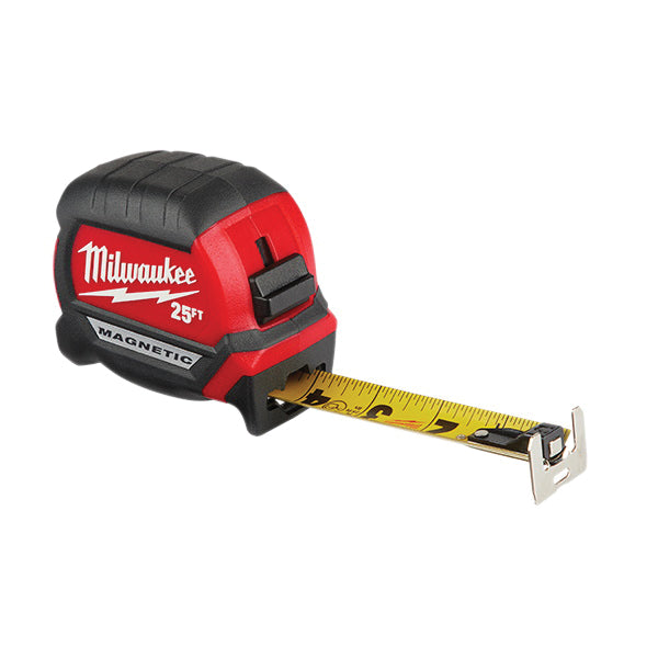 Milwaukee® 48-22-0325 Tape Measure, 25 ft L Blade, 1 ft, 1/16 in, 1/2 in, 1/4 in, 1/8 in Graduation, Steel Blade