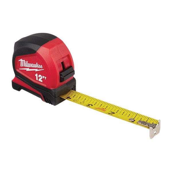 Milwaukee® 48-22-6612 Tape Measure, 12 ft L Blade, 1/8 in Graduation, Steel Blade, Automatic Rewind, Red/White Case