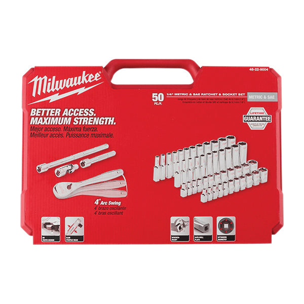 Milwaukee® 48-22-9004 Ratchet and Socket Set, 1/4 in Drive, System of Measurement: Imperial, Metric, 50 -Piece