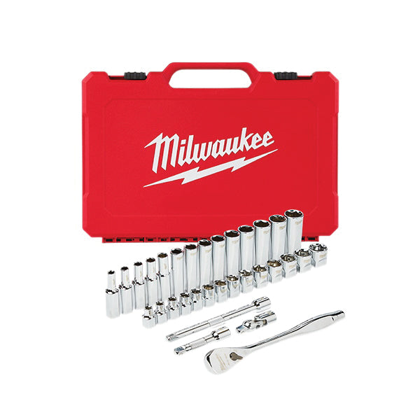 Milwaukee® 48-22-9508 Ratchet and Socket Set With (4) Flat™ Sides, 3/8 in Drive, System of Measurement: Metric