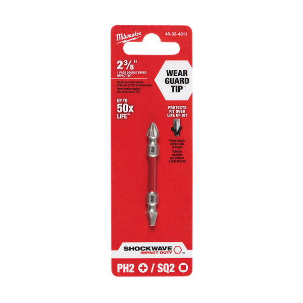 Milwaukee® SHOCKWAVE™ 48-32-4311 Double Ended Bit, Phillips®, Square Point, PH2, SQ2 Point, Double End, Alloy76™ Steel