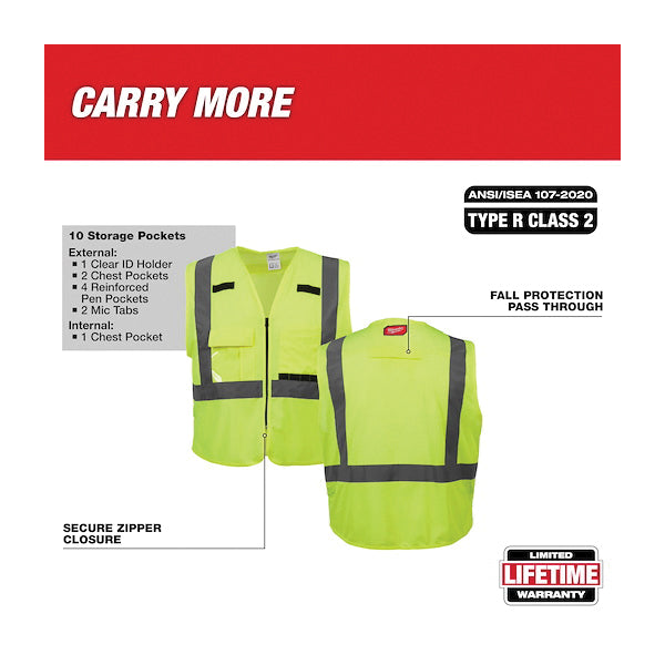 Milwaukee® 48-73-5022 Safety Vest, L/XL, Polyester, Hi-Viz Yellow, Zipper Closure, 27-1/2 in L