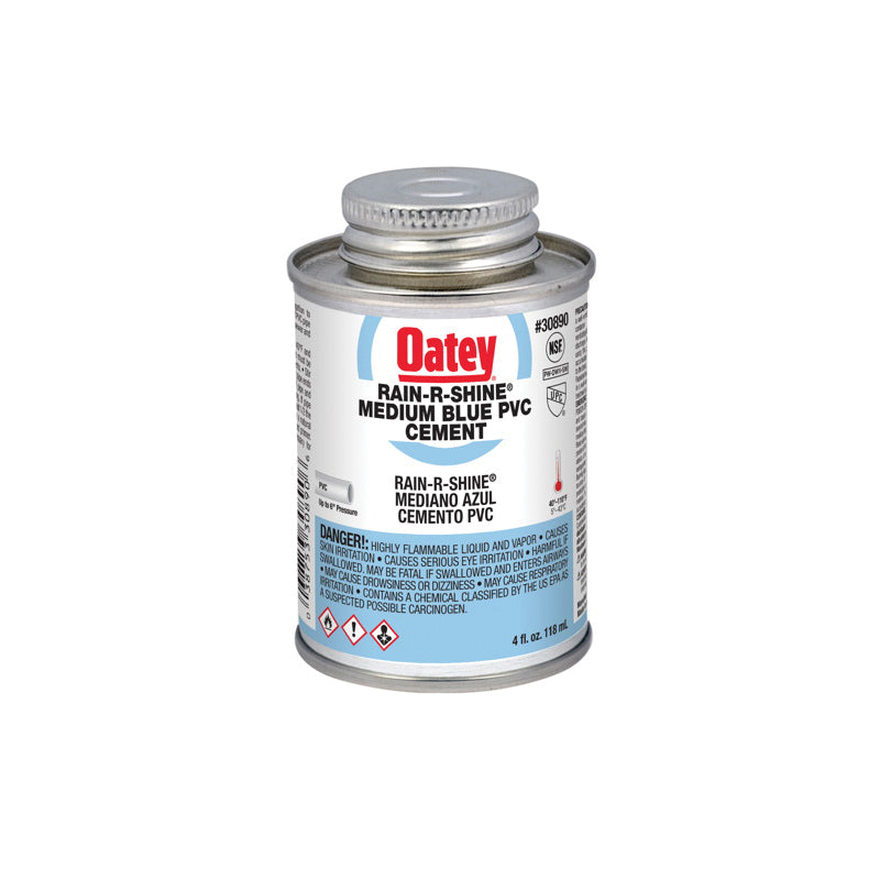 Oatey® Rain-R-Shine 30890 PVC Cement, 4 oz, Can, Liquid, Clear, Solvent, 2 hr Curing