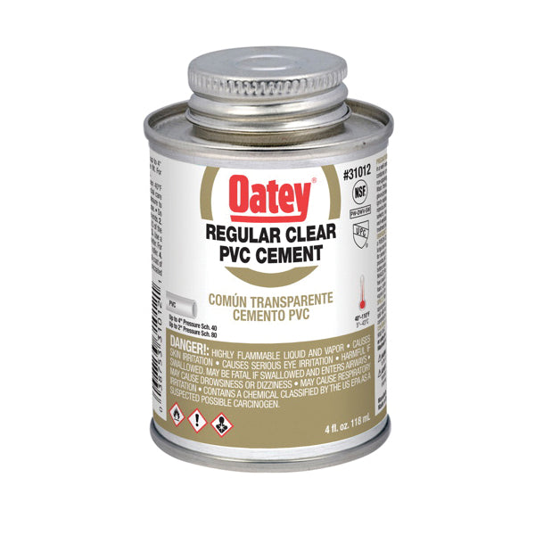 Oatey® 31012 PVC Cement, 4 oz, Can, Liquid, Clear, Solvent, 2 hr Curing