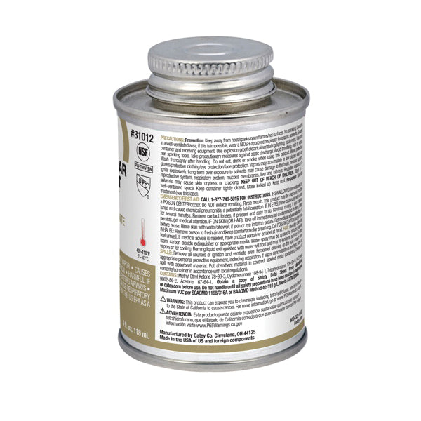 Oatey® 31012 PVC Cement, 4 oz, Can, Liquid, Clear, Solvent, 2 hr Curing