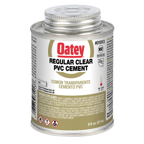 Oatey® 31013 PVC Cement, 8 oz, Can, Liquid, Clear, Solvent, 2 hr Curing