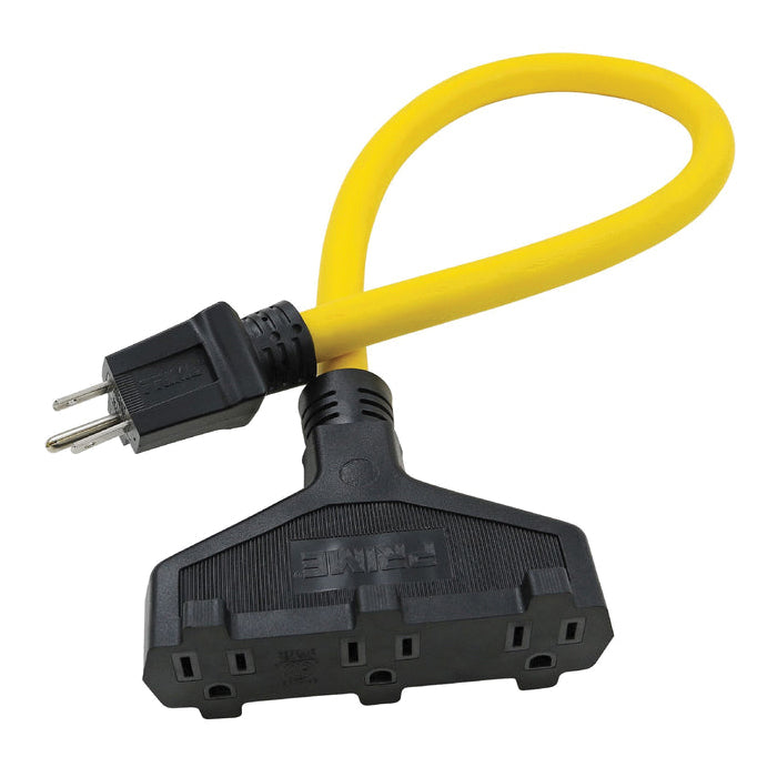 PRIME® AD050802 Outdoor Adapter, 2 ft OAL, 15 A, 125 V, 12 AWG Wire, 3 -Outlet, Yellow