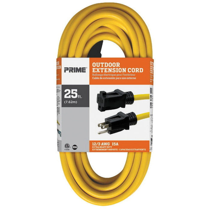 PRIME® EC500825 Outdoor Extension Cord, 125 V, 3 -Conductor, SJTW Conductor, 12 AWG Conductor, 25 ft L