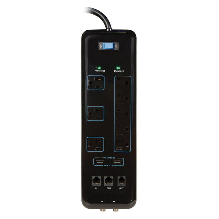 PRIME® PB523118 Multimedia Surge Protector With 2-Port USB Charger, 125 V, 15 A, 8 -Outlet, 6 ft L Cord