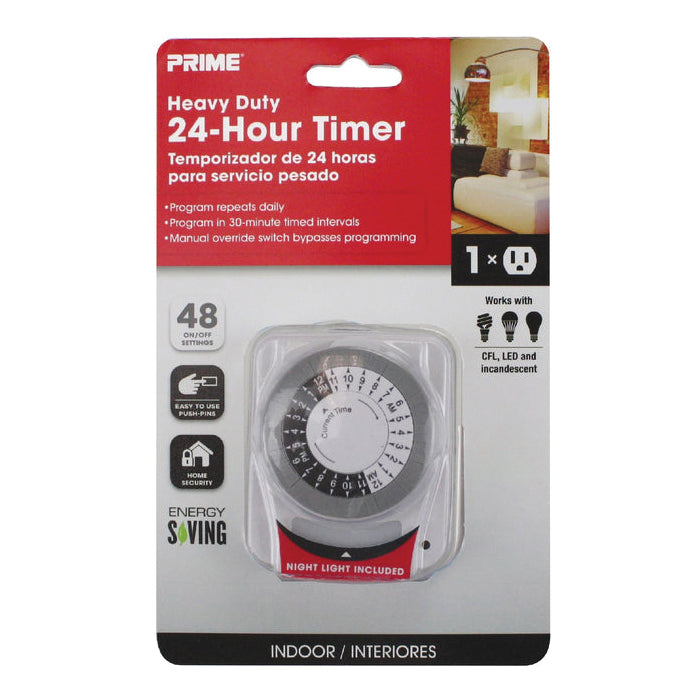 PRIME® TNINL2412 Indoor Heavy-Duty Electromechanical Timer With Photocell Nightlight, 125 V, 15 A, 24 hr Timing