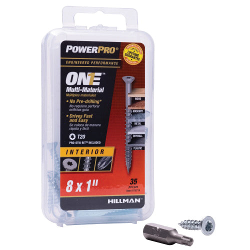 PowerPro® 116714 Multi-Material Screw, System of Measurement: Imperial, 1 in L, Flat Head, Star Drive, Steel, Zinc