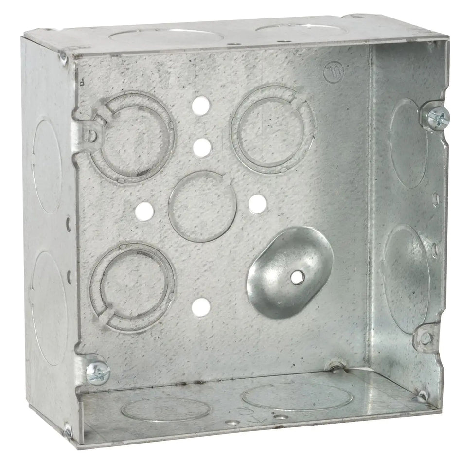 RACO® 8265 Electrical Square Box, 4-11/16 in L, 4-11/16 in W, 2-1/8 in D, 12 -Knockout, 1/2 in, 3/4 in, 1 in Knockout