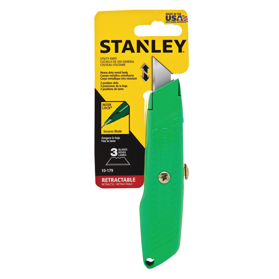 STANLEY® 10179 Utility Knife, Retractable Blade, 2-1/2 in L Blade, Carbon Steel Blade, Number of Blades Included: 3