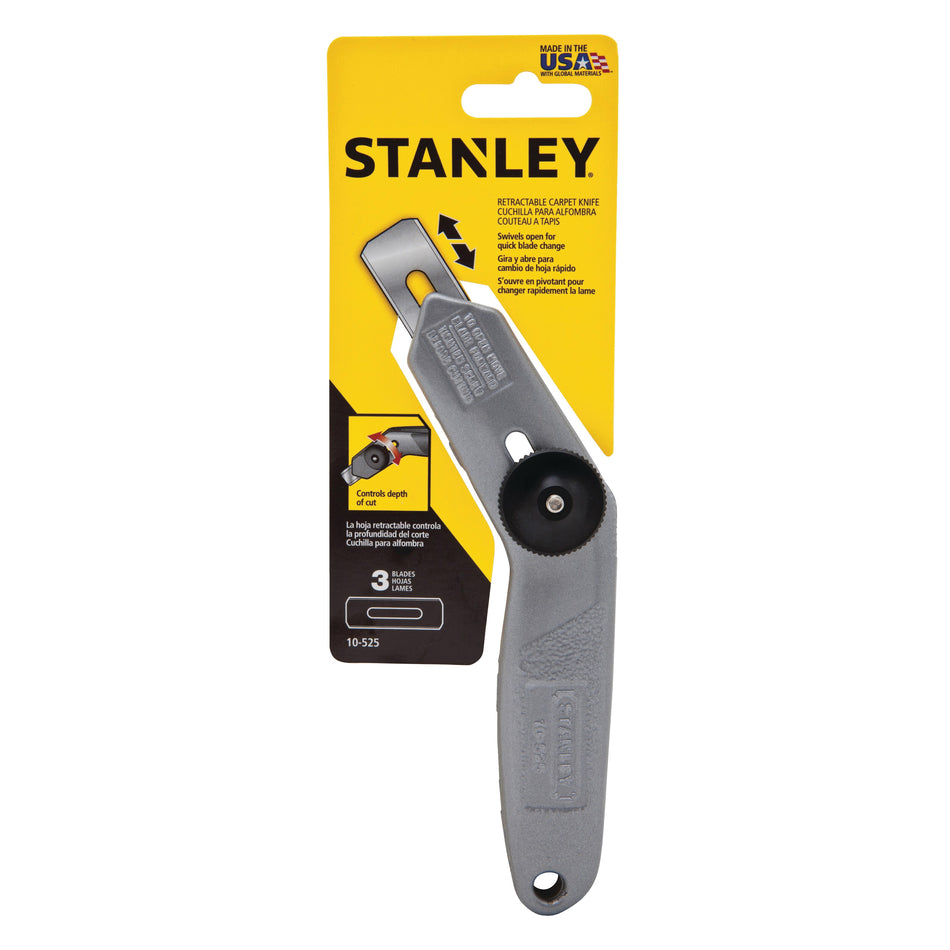 STANLEY® 10525 Carpet Knife, Retractable Blade, 1 in L Blade, Carbon Steel Blade, Number of Blades Included: 3