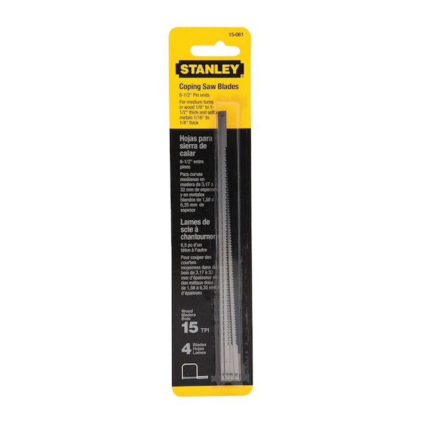 STANLEY® 15061 Coping Saw Blade, 6-1/4 in L, 1/4 in W, 15 TPI TPI, High Carbon Steel Cutting Edge, 4 -Piece