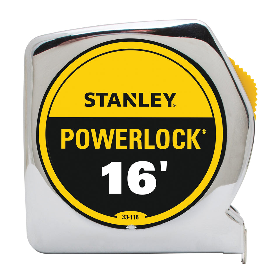 STANLEY® PowerLock® 33-116 Tape Measure, 16 ft L Blade, 1/32 in, 1/16 in Graduation, Steel Blade, Slide Locking