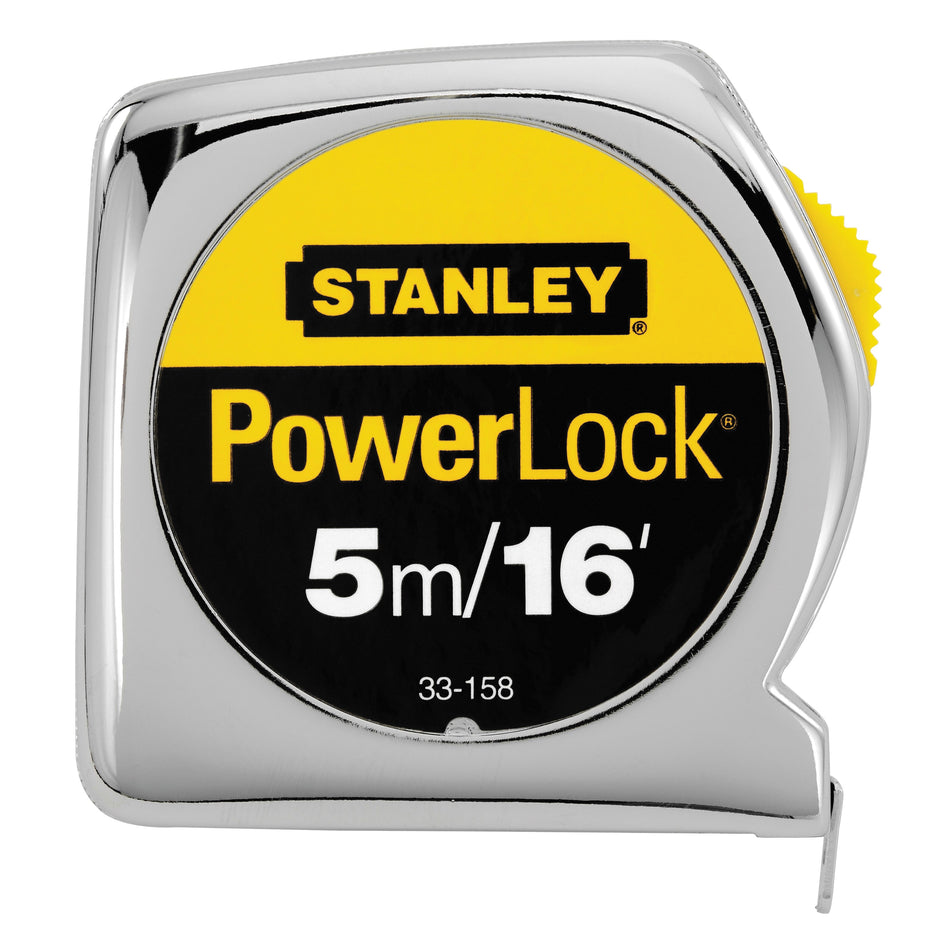 STANLEY® PowerLock® 33-158 Tape Measure, 16 ft L Blade, 1/32 in, 1/16 in Graduation, Steel Blade, Slide Locking