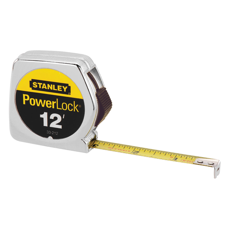 STANLEY® PowerLock® 33-212 Tape Measure, 12 ft L Blade, 1/32 in, 1/16 in Graduation, Steel Blade, Slide Forward Locking