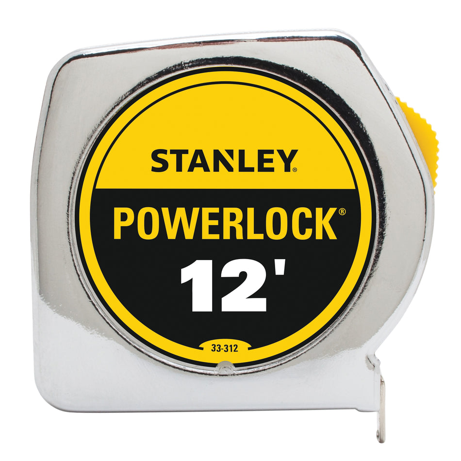 STANLEY® PowerLock® 33-312 Tape Measure, 12 ft L Blade, 1/32 in, 1/16 in Graduation, Steel Blade, Slide Locking