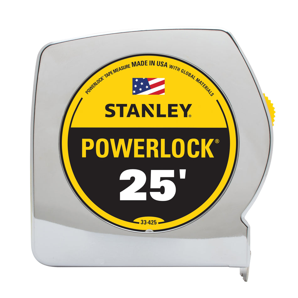 STANLEY® PowerLock® 33-425 Tape Measure, 25 ft L Blade, 1/16 in Graduation, Steel Blade, Slide Locking, Automatic Rewind