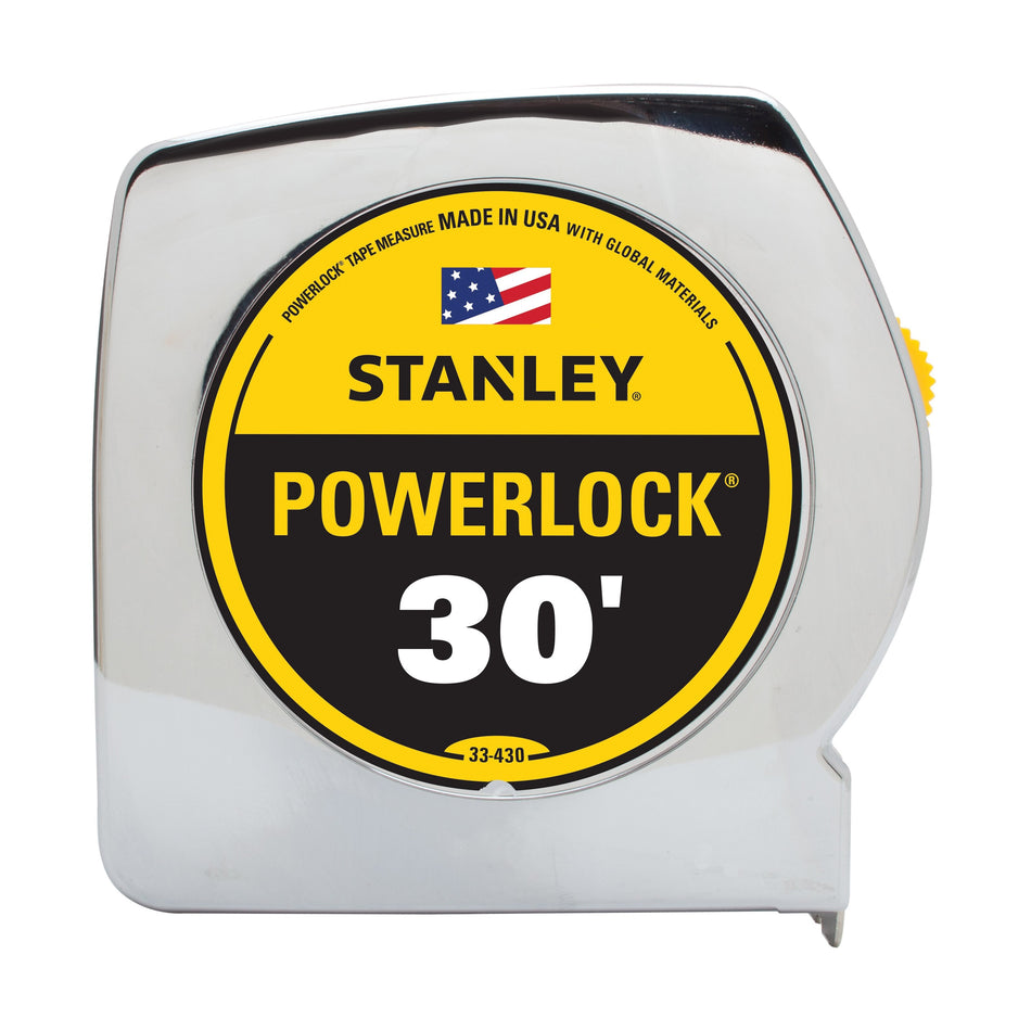 STANLEY® PowerLock® 33-430 Tape Measure With BladeArmor®, 30 ft L Blade, 1/16 in Graduation, Steel Blade, Slide Locking