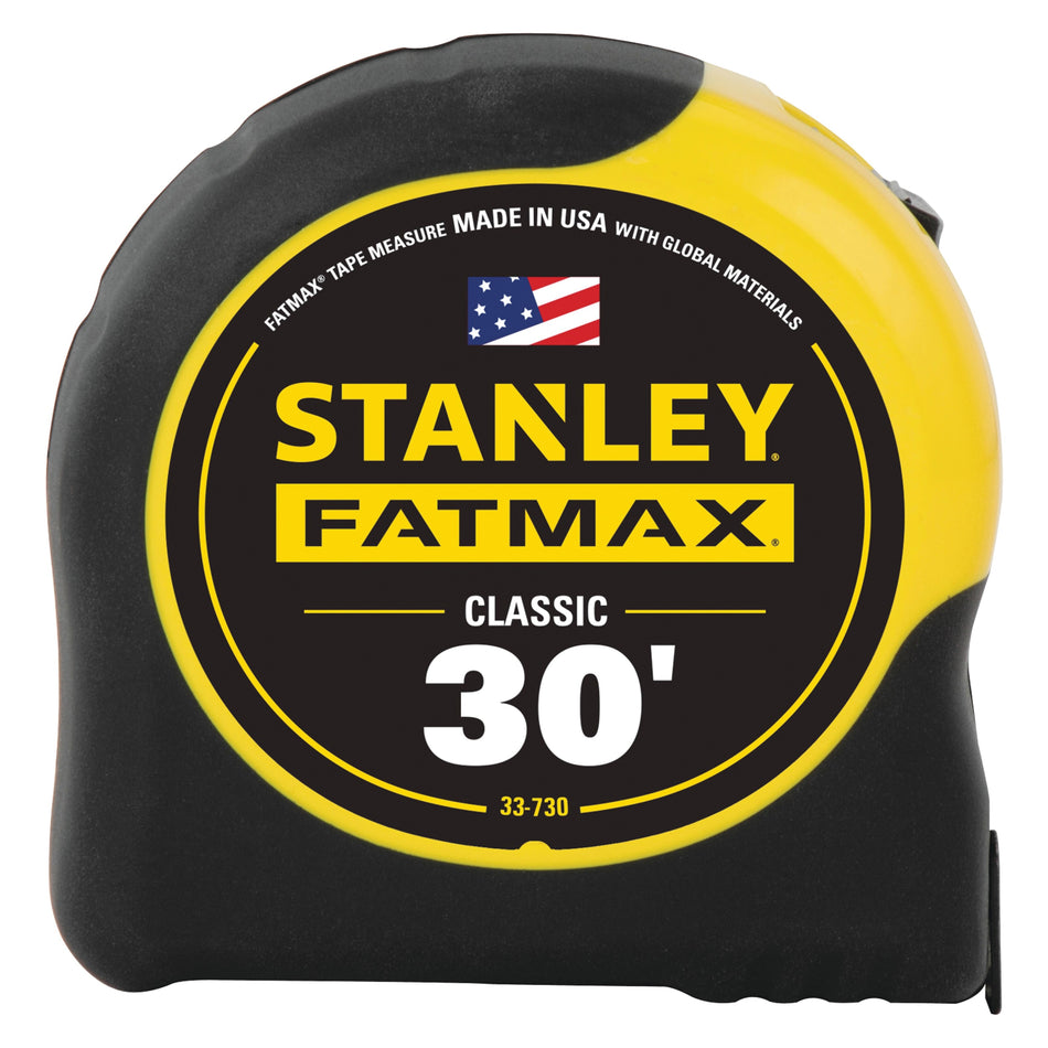 STANLEY® FATMAX® 33-730 Classic Tape Measure, 30 ft L Blade, 1/16 in Graduation, Steel Blade, Toggle Locking