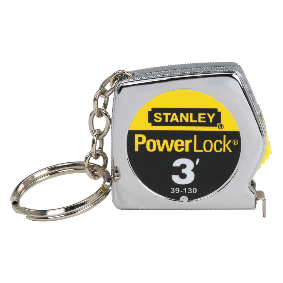 STANLEY® PowerLock® 39-130 Key Tape Measure, 3 ft L Blade, 1/32 in, 1/16 in Graduation, Steel Blade, Slide Locking