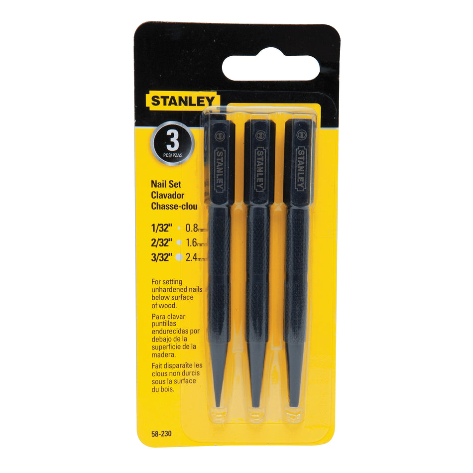 STANLEY® 58230 Nail Set, Round Tip, 1/16 in, 1/32 in, 3/32 in Tip, Alloy Steel, Phosphate, 3 -Piece