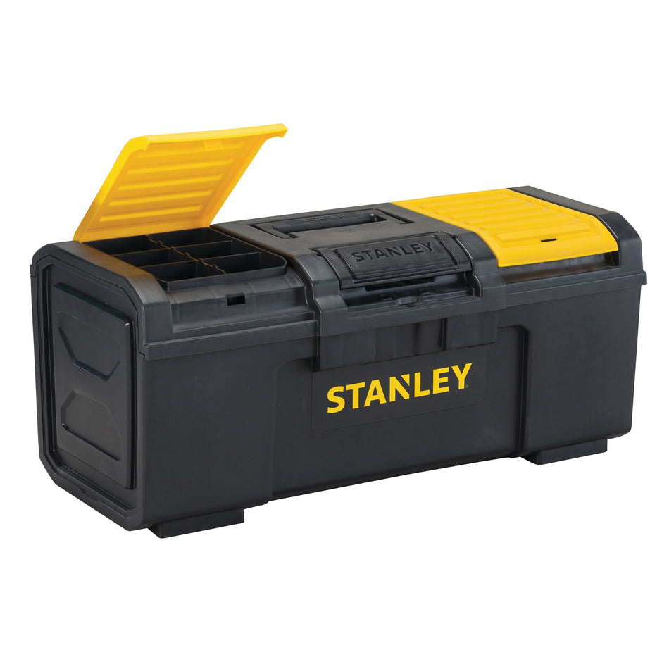 STANLEY® STST24410 Tool Box, 11 in W, 10.14 in H, 3 -Compartment, 1 -Tray, Plastic, Black/Yellow, Padlockable Locking, Folding Top, Soft Grip Handle