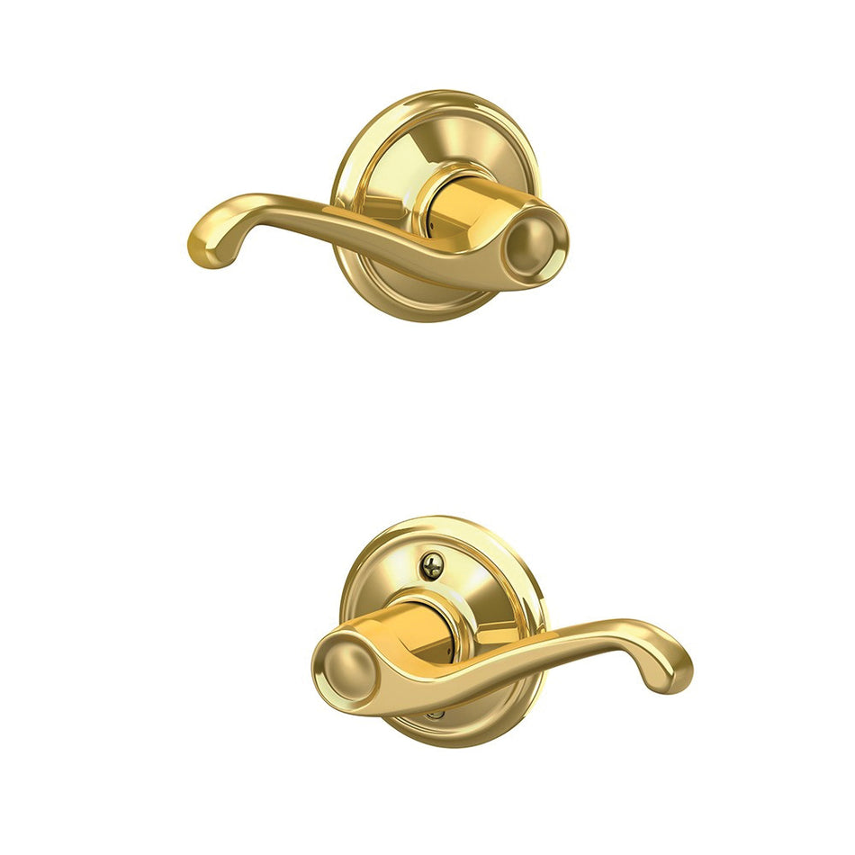 Schlage® F Series F10 V FLA 605 Flair Lever Hall and Closet Lock, Bright Brass, 2-3/8 in, 2-3/4 in Backset