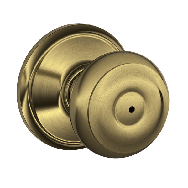 Schlage® F Series F40 V GEO 609 Georgian Knob Bed and Bath Lock, Pushbutton Locking, Antique Brass, Knob Handle