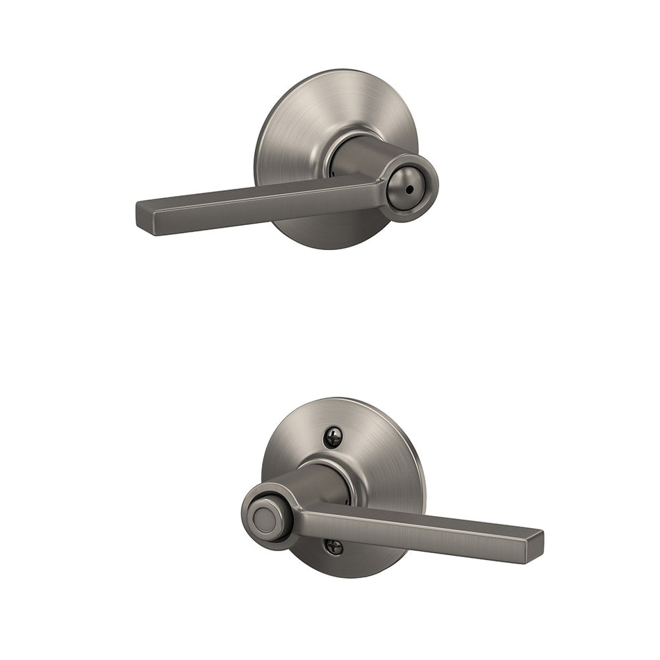 Schlage® F Series F40 V LAT 619 Latitude Lever Bed and Bath Lock, Satin Nickel, Lever Handle, 2-3/8 in, 2-3/4 in Backset