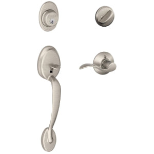 Schlage® F60VPLYXACC619 Plymouth Handleset and Accent Lever, Keyed Key, Satin Nickel, 2-1/8 in, 2-3/4 in Backset