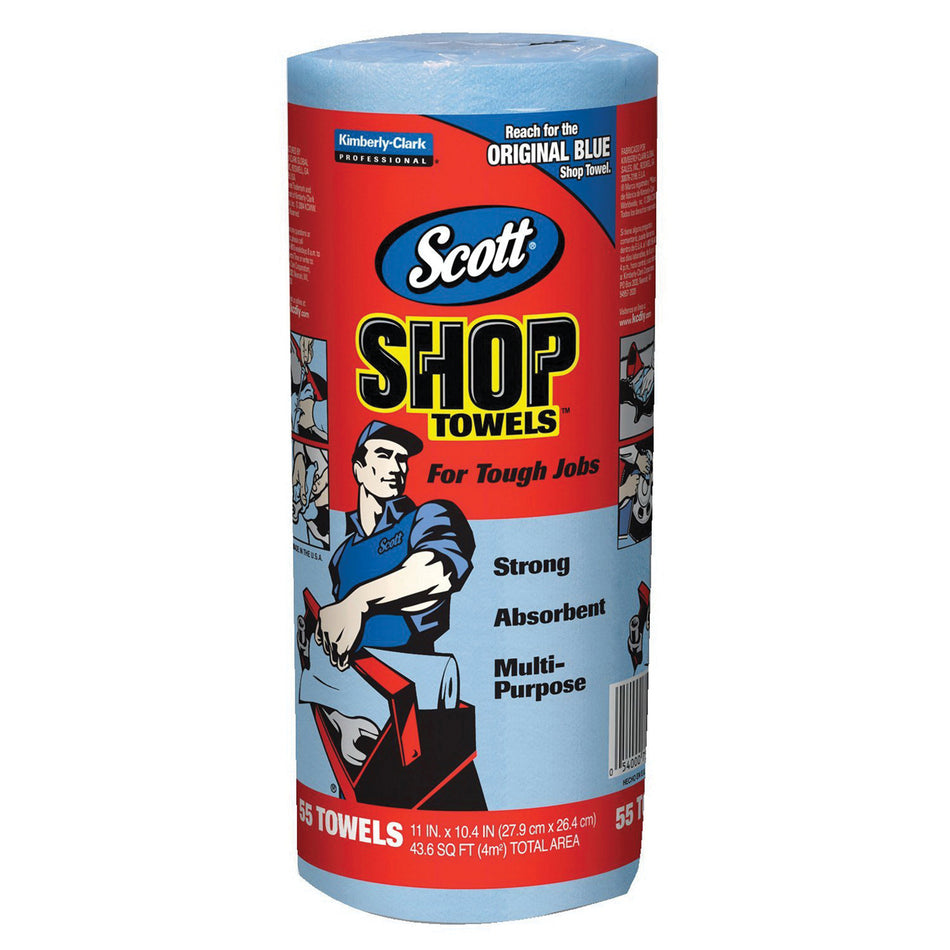 Scott® 75130 Shop Towel Roll, 11 in W, 10.4 in L, 1-Ply, Double Re-Creped Cellulose, Blue