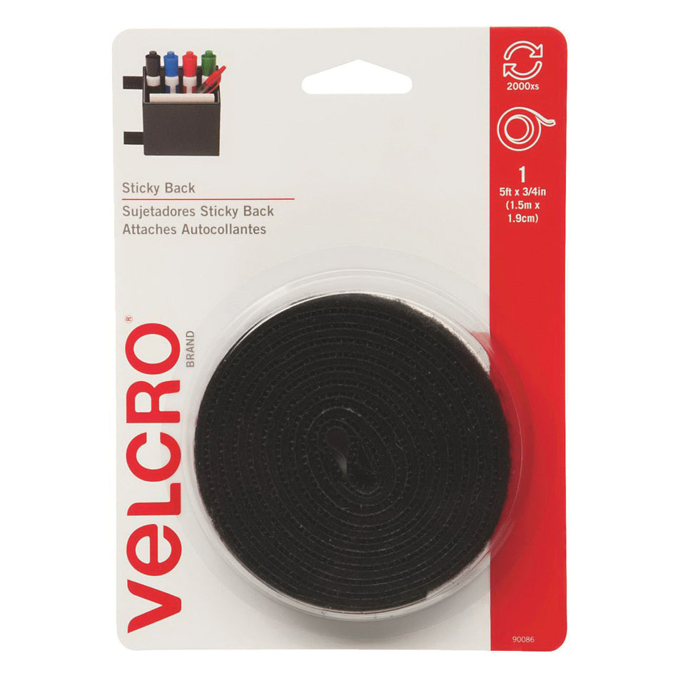 VELCRO® Sticky Back™ 90086 Hook and Loop Fastener Tape With Dispenser, 3/4 in W, 5 ft L, Black