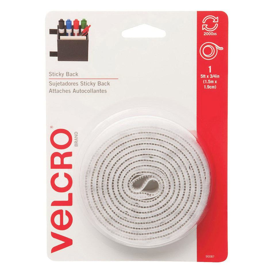 VELCRO® Sticky Back™ 90087 Hook and Loop Fastener Tape With Dispenser, 3/4 in W, 5 ft L, White