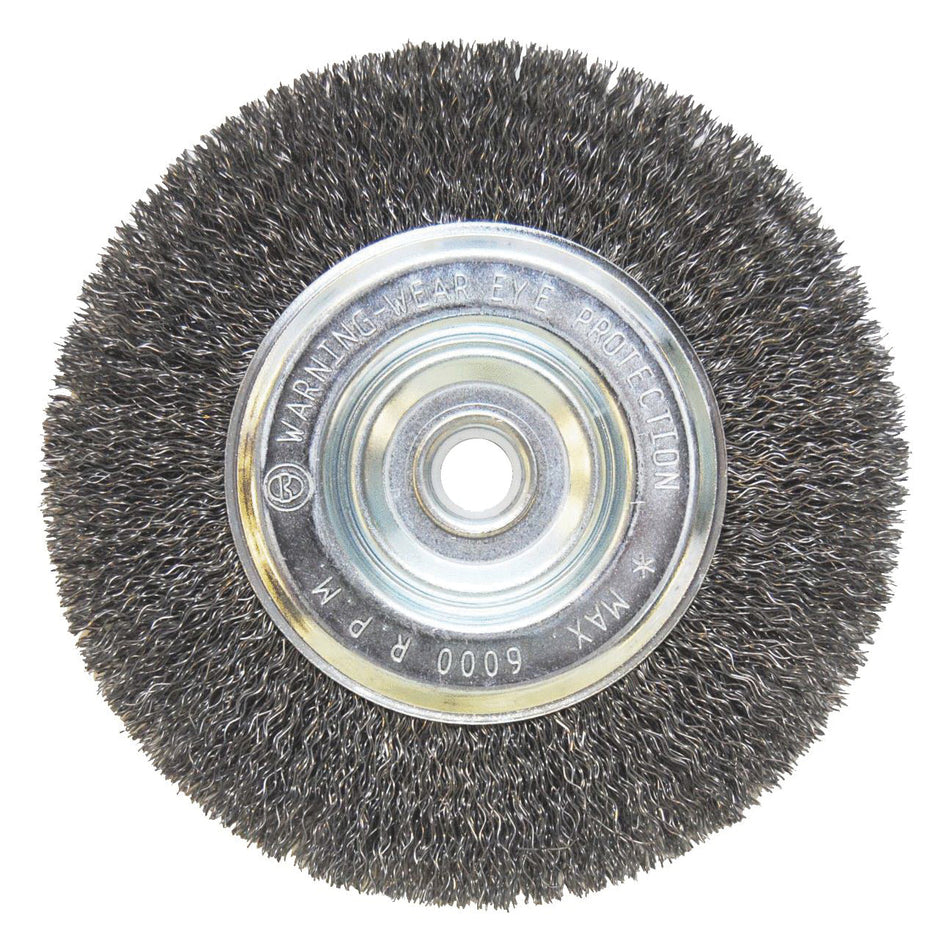 VORTEC PRO® 36000 Wheel Brush, 6 in Dia Brush, Crimped Bristle, 1/2 to 5/8 in Arbor, Carbon Steel Bristle, Black/Gray