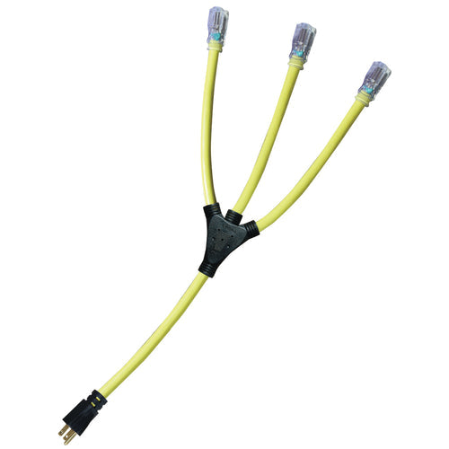 Voltec 04-00096 Heavy-Duty U-Ground W-Adapter With Lighted Ends, 2 ft OAL, 15 A, 12 AWG Wire, Yellow