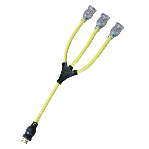 Voltec 04-00097 Heavy-Duty Locking W-Adapter With Lighted Ends, 2 ft OAL, 20 A, 12 AWG Wire, Yellow