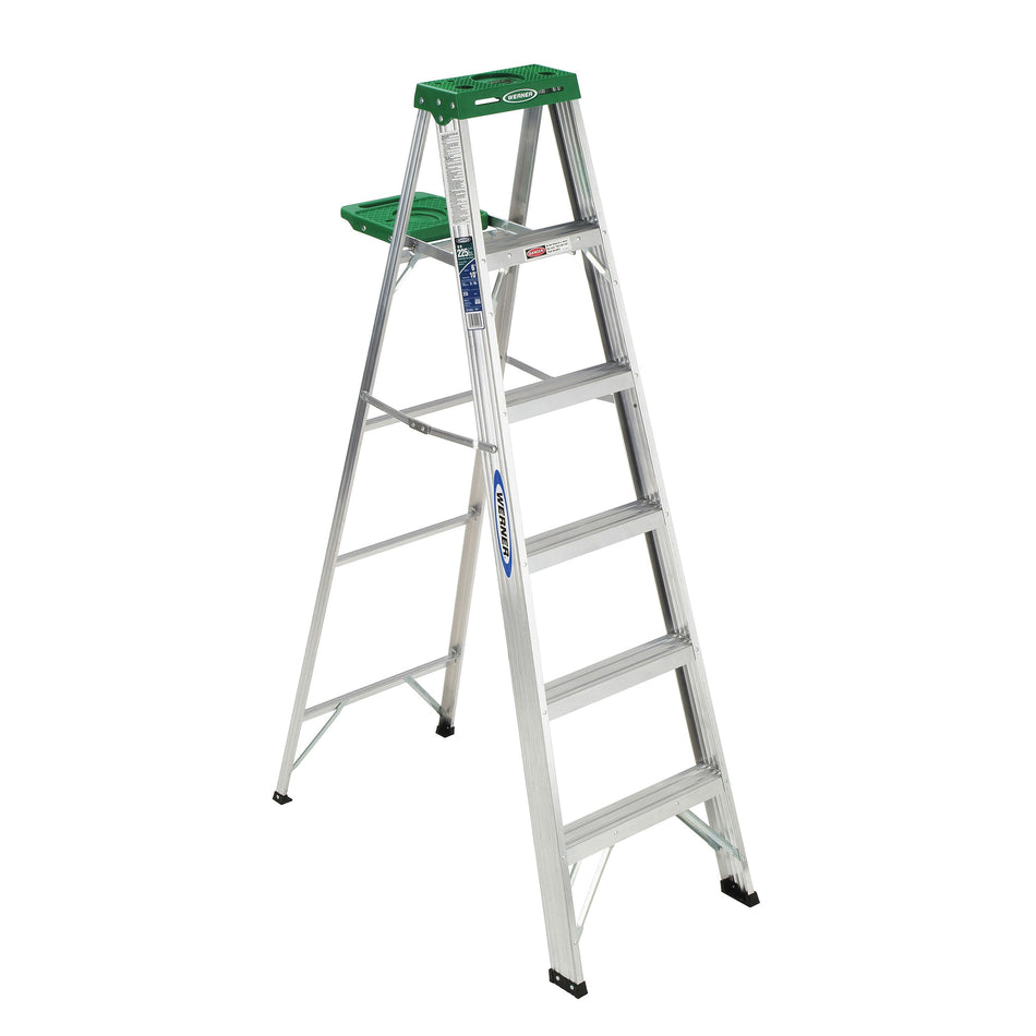 WERNER® 356 Type II Step Ladder, 225 lb Load, 6 ft H Ladder, ANSI: ANSI A14.2-2007, 3 in H Step, Aluminum