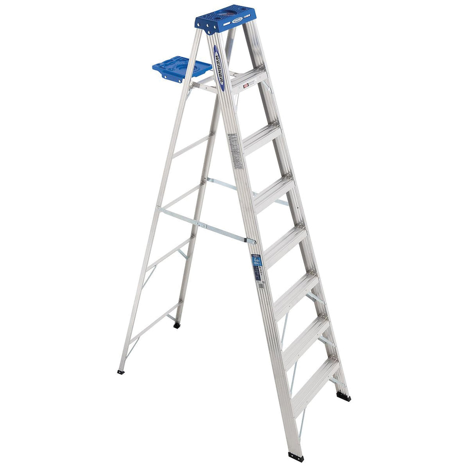 WERNER® 368 Step Ladder, 250 lb Load, 5 ft 9 in H Ladder, ANSI: ANSI A14.2-2007, 3 in H Step, Aluminum