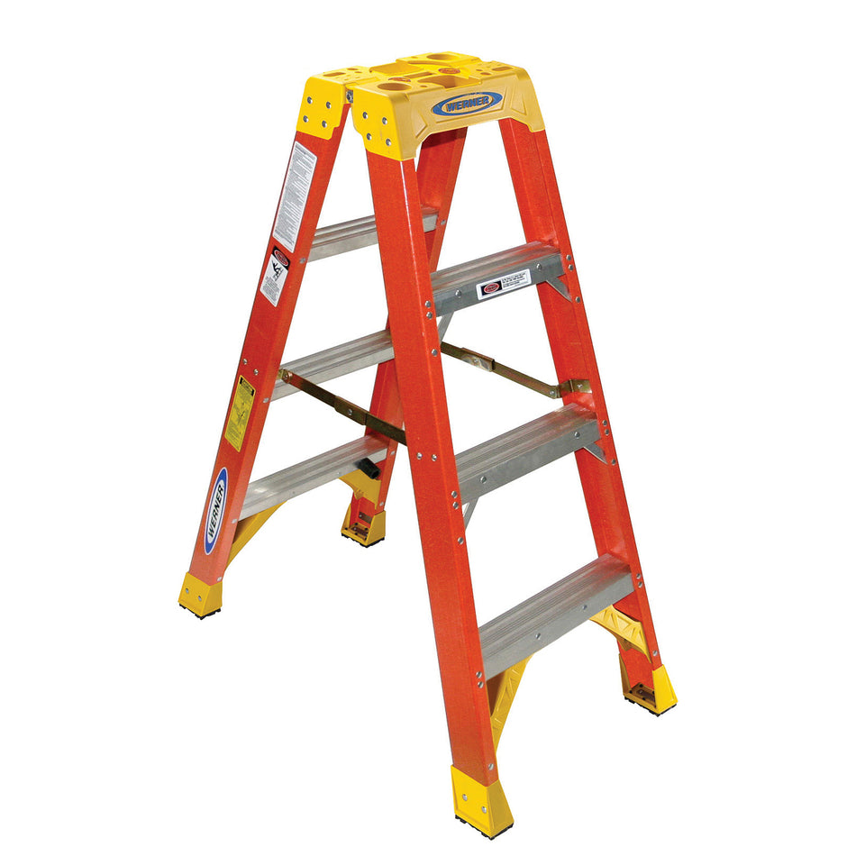 WERNER® T6204 Twin Step Ladder With (3) Parts Trays, 300 lb Load, 4 ft H Ladder, Fiberglass